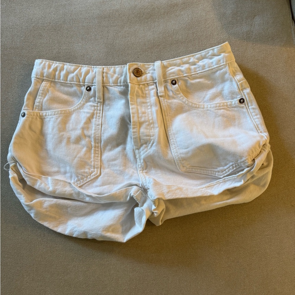 We The Free High Mini White Denim Cargi Shorts